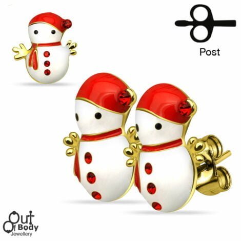 Christmas Snowman Pair Gold Plated 316L Stud Earrings