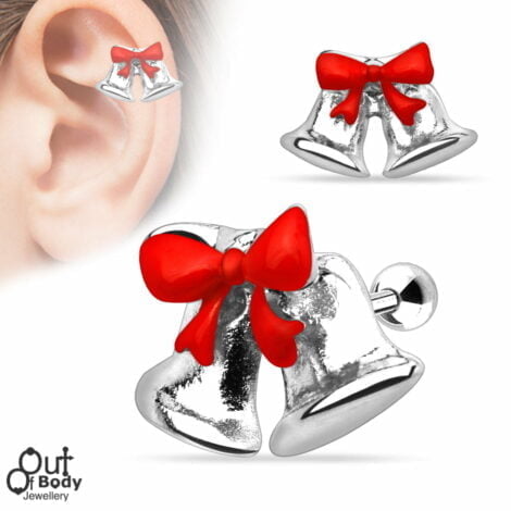 Christmas Cartilage/Tragus Barbell w/ Ribbon Jingle Bell Top