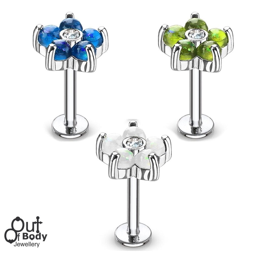 Ear Cartilage Labret Stud With Opal Glitter Set Flower Petal Top