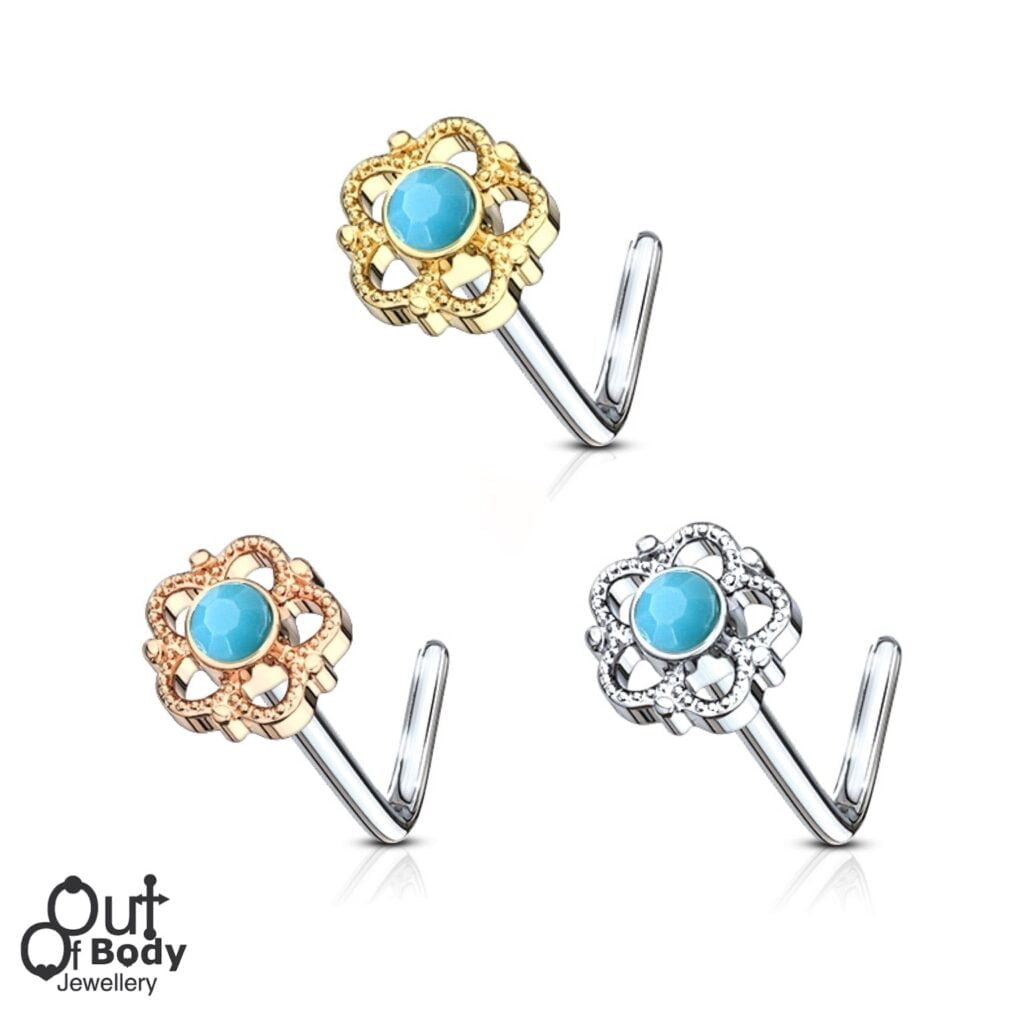 20G Ornate Filigree Turquoise Flower L Bend Nose Ring