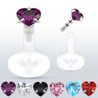 Ear Labret Stud Bioflex with Push Fit CZ Heart Gem Top