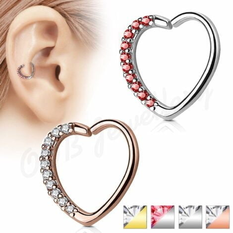 Ear Cartilage Daith Heart Hoop Ring Right Ear W/ Lined CZ
