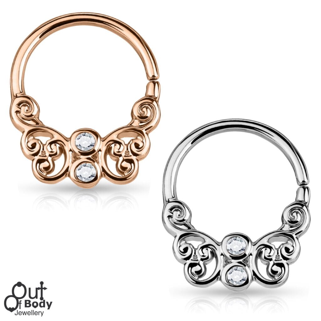 Septum Cartilage/Ear Hoop Ring With CZ Set Butterfly Filigree