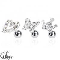 Cartilage/ Tragus Barbell W/ Multi Shaped Clear Gem Paved Tops