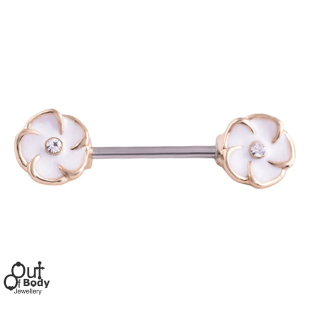 Nipple Barbell Ring with Jewelled White Summer Rose