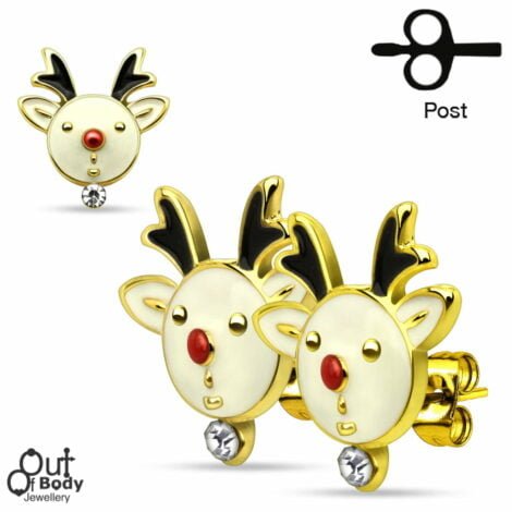 Christmas Reindeers w/ Gems Gold Plated 316L Stud Earrings