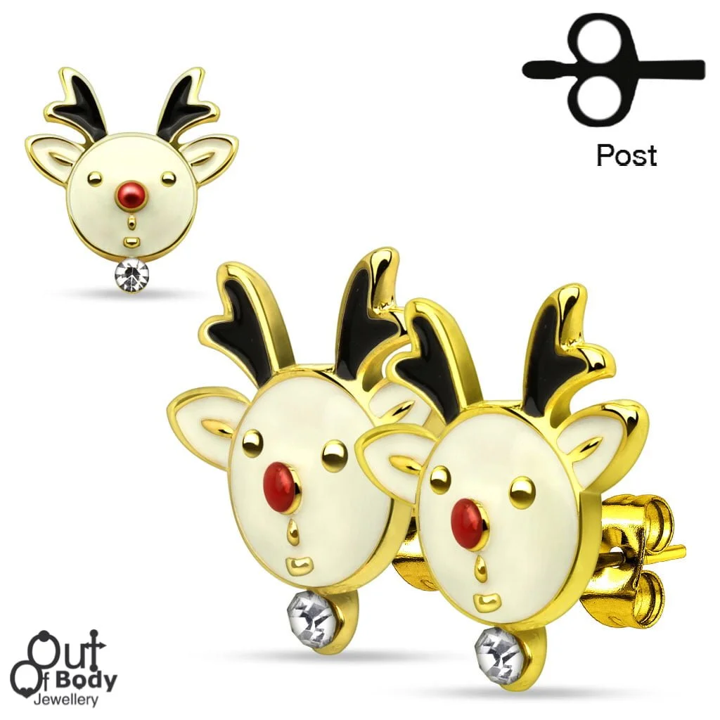Christmas Reindeers w/ Gems Gold Plated 316L Stud Earrings