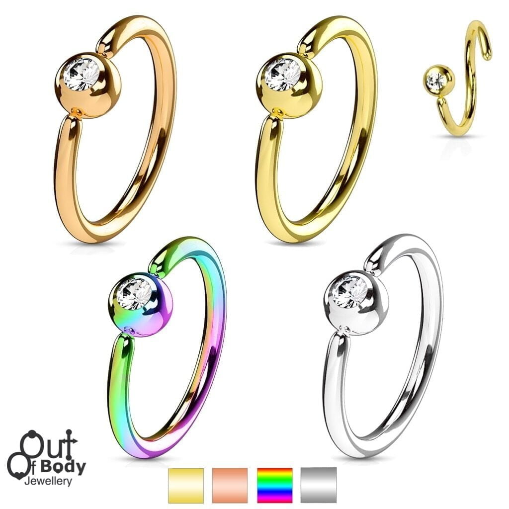Hoop Captive Bead Nose Ring With Fixed CZ Gem Ball