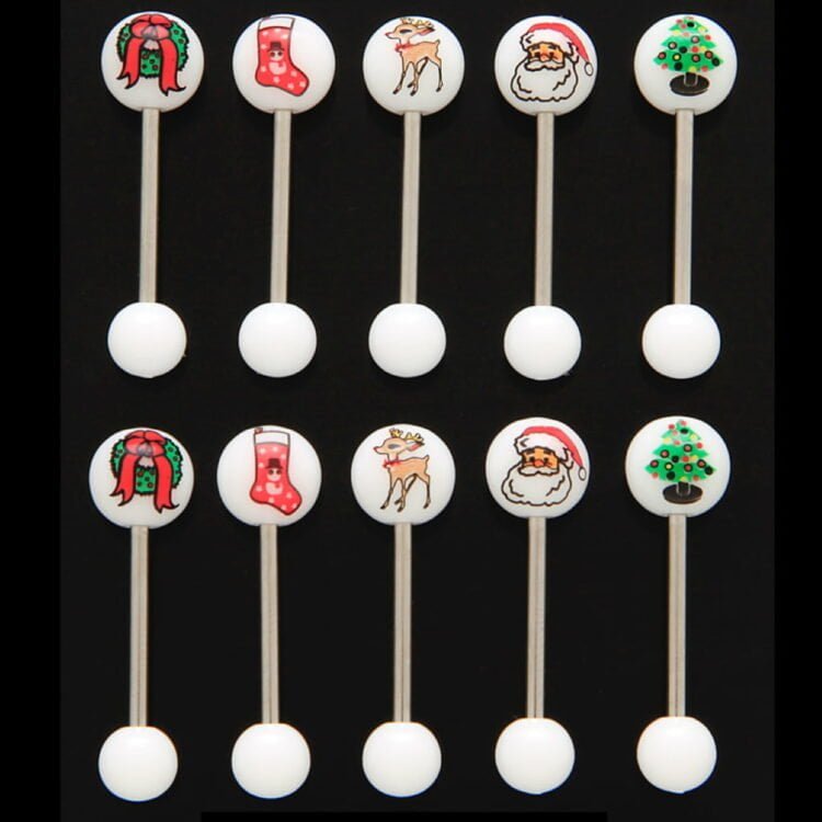 Christmas Tongue Barbell w/ White Acrylic Logo Balls