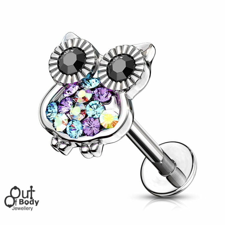 Ear Cartilage Labret Stud Owl Top with Rainbow Paved Crystals