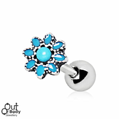 Cartilage/ Tragus Barbell W/ Antique Turquoise Flower Earring