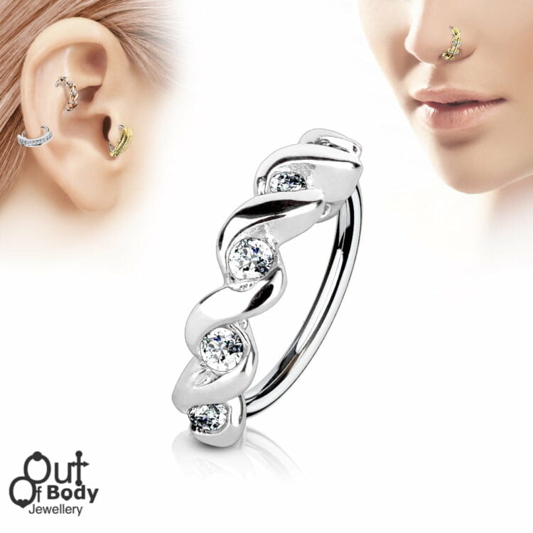 Hoop Nose or Ear Ring CZ Set Twisted Half Circle
