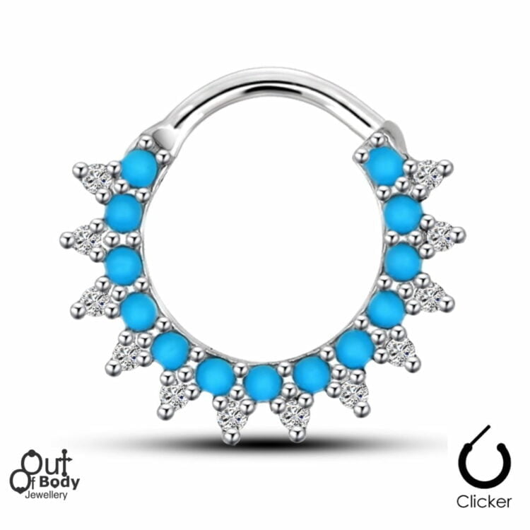 Septum Clicker Round Hinged CZ and Turquoise Beaded Ring