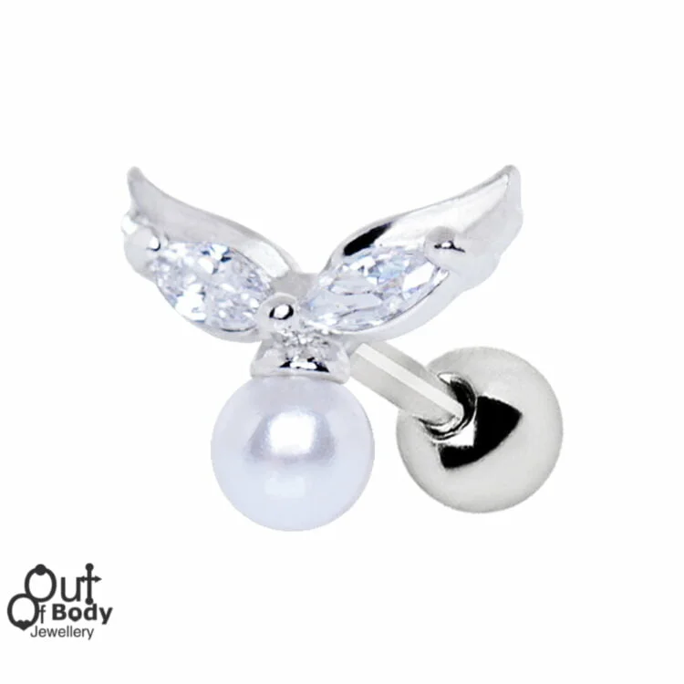 Cartilage Helix Barbell with Marquise CZ Wings and Pearl