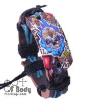 Blue Flaming Skull Leather Wristband