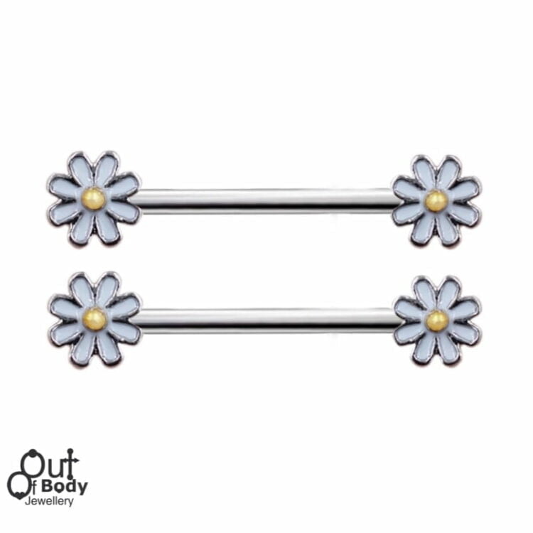 Nipple Barbell Ring with Fresh White Daisy Flower Ends