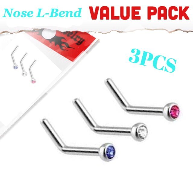 20G L-Bend Crystal Top Nose Stud 3pc Value Pack