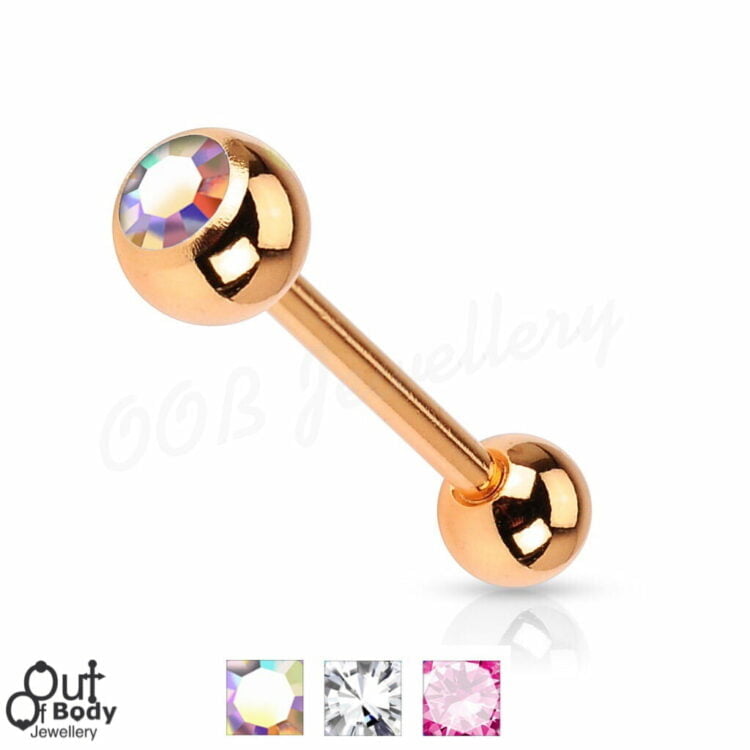 316L Steel Tongue Barbell In Rose Gold w/ Press Fit Gem Ball