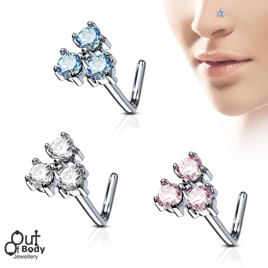 CZ Set Triangle Shape Top L Bend Nose Stud Ring