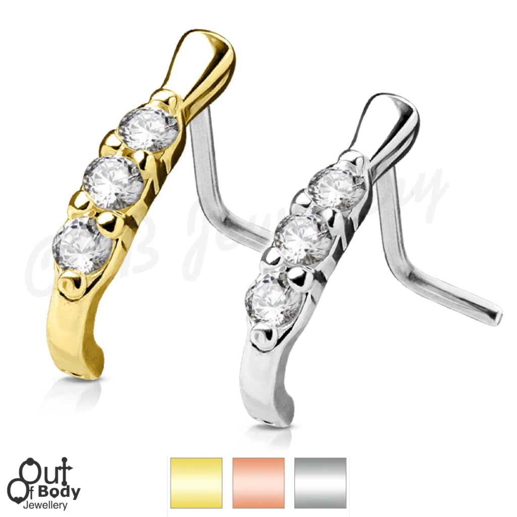 20G J-Curve Top W/ 3 Lined CZ L Bend Nose Crawler Stud