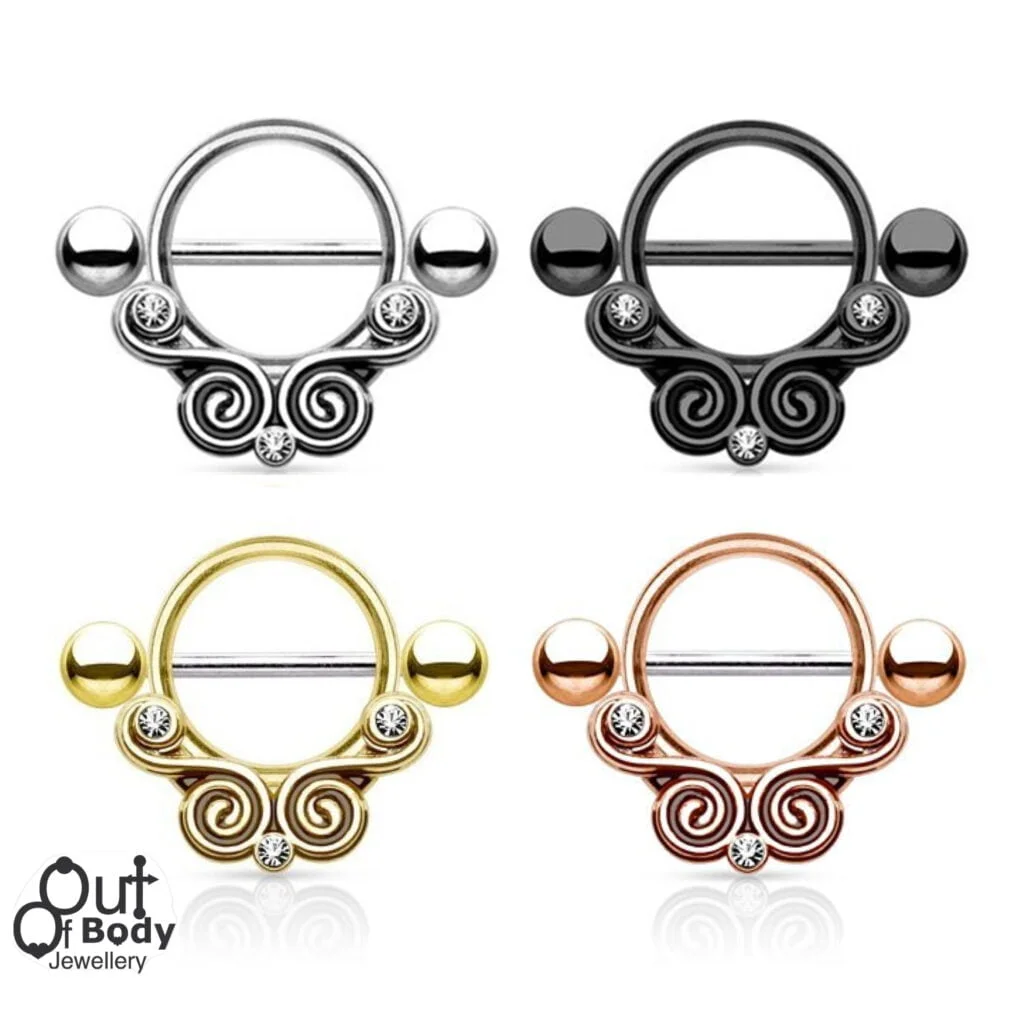 Filigree Tribal Swirl Gem Set Round Nipple Ring Shield