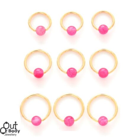 316L Steel Captive Bead Hoop 14KT Gold Plate W/ Rose Quartz Ball