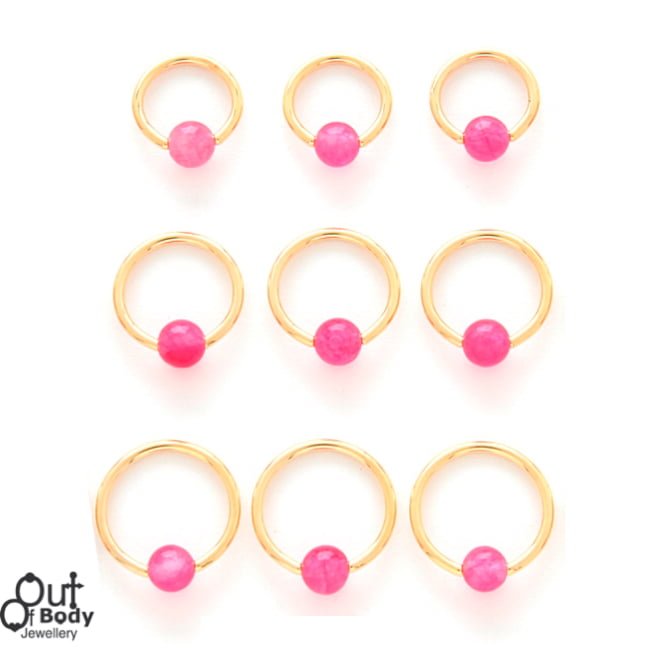 316L Steel Captive Bead Hoop 14KT Gold Plate W/ Rose Quartz Ball