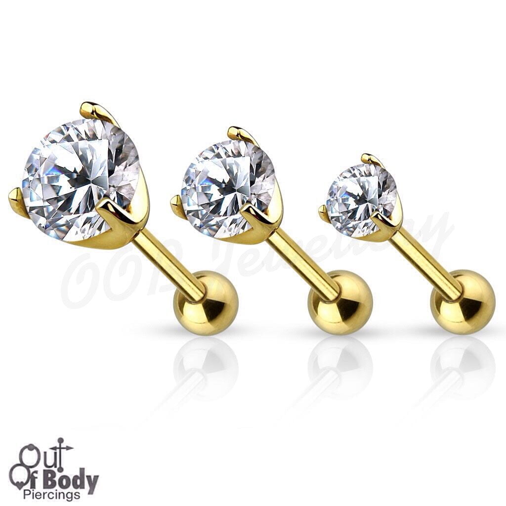 Cartilage/ Tragus Barbell W/ Prong Set Round CZ In IP Gold