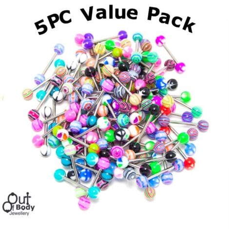 5PC Value Pack Tongue Nipple Barbell w/ Patterned Acrylic Balls