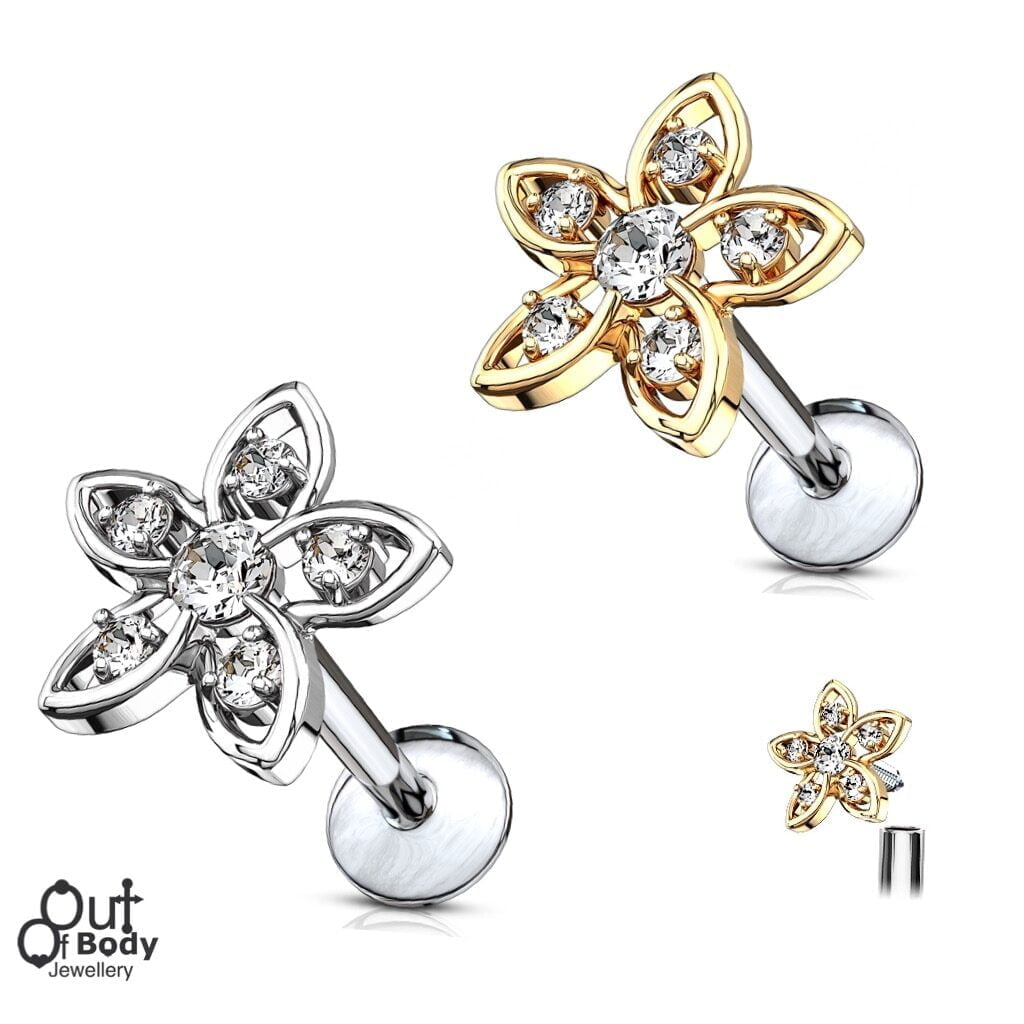 Ear Cartilage Labret Stud With CZ Set Glitter Flower Top