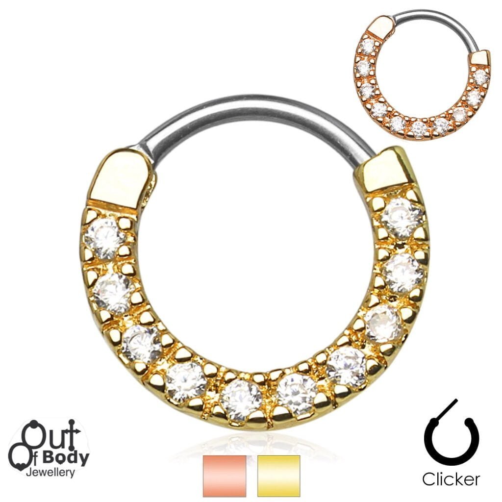 Septum Clicker Round Hinged Line Of CZ Gems In Gold IP