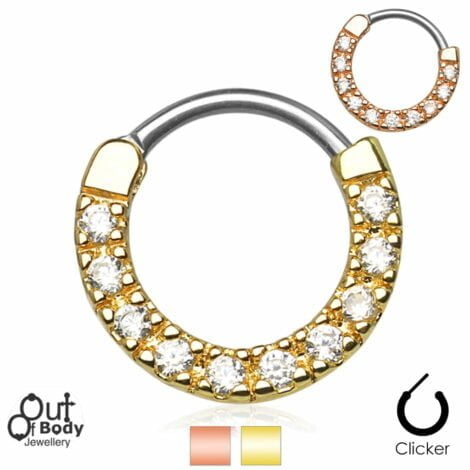 Septum Clicker Round Hinged Line Of CZ Gems In Gold IP