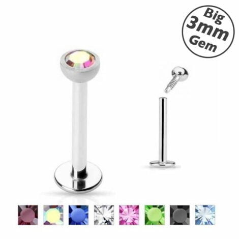 16GA Labret Internally Threaded W/  3mm Bezel Set CZ Gem Top