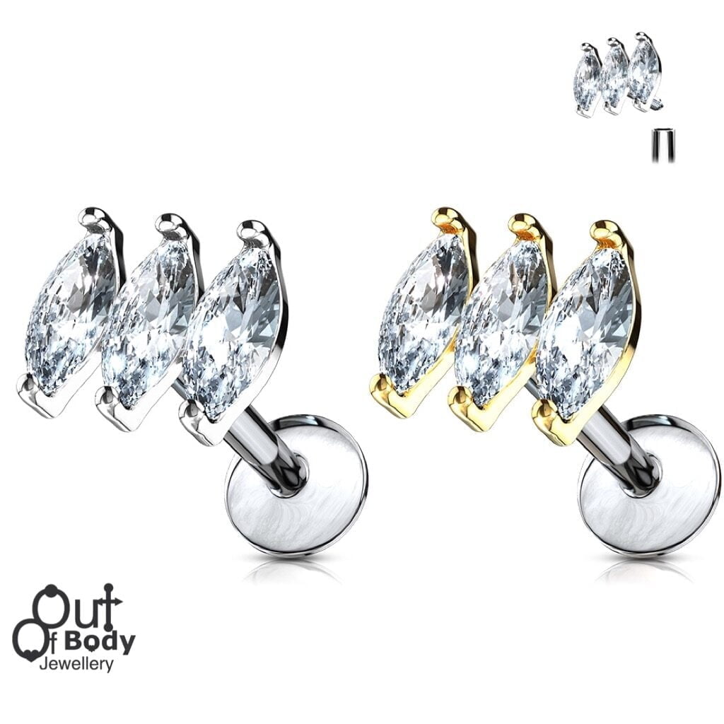 Ear Cartilage Labret Stud With Triple Marquise CZ Row Top