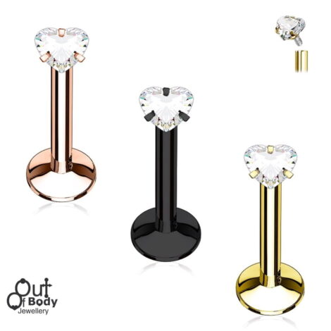 Ear Cartilage Stud Prong Set Heart CZ in IP Titanium Colours