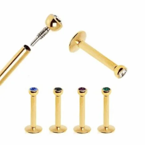 16GA Labret W/ Internally Threaded Gem Top In Gold Titanium