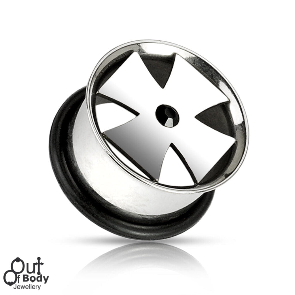316L Steel Iron Cross Single Flare O-Ring Tunnel W/ Black Gem