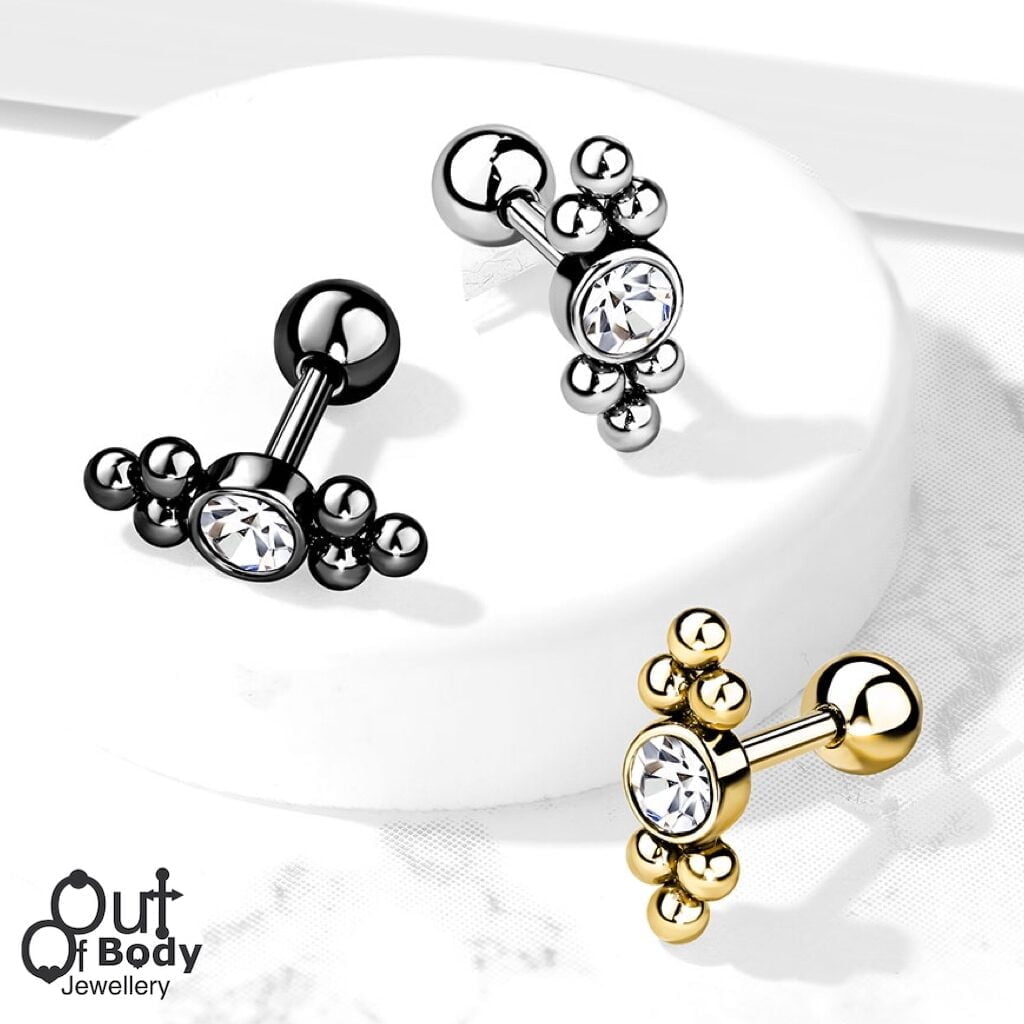 Cartilage/ Helix 3 Ball Set Triangle Sides Gem Top Barbell