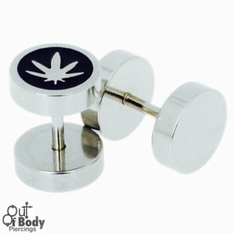 Fake Plug W/ Black Pot Leaf Logo Top In Polished Steel