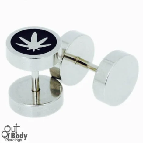 Fake Plug W/ Black Pot Leaf Logo Top In Polished Steel