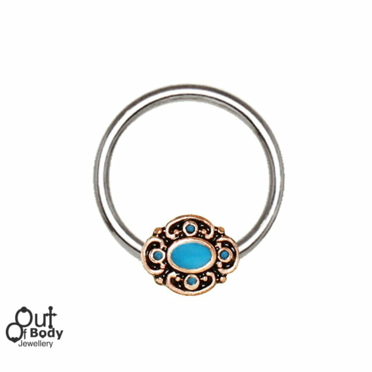 Cartilage Ear/ Septum Ring With Teal Ornate Snap-In Bead