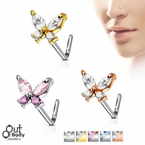 20G Marquise CZ Glitter Butterfly L Bend Nose Ring