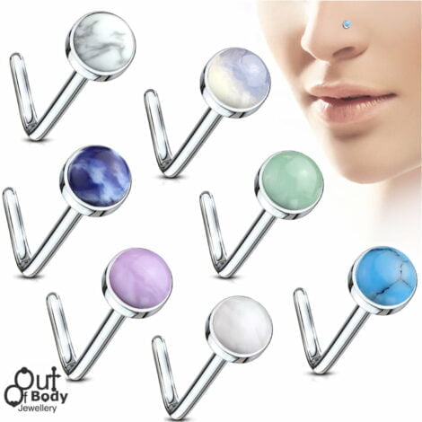 20G Semi-Precious Stone Set L Bend Nose Stud Rings