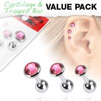 Cartilage/ Tragus Barbell Flat Base Triple Value Pack In Pink