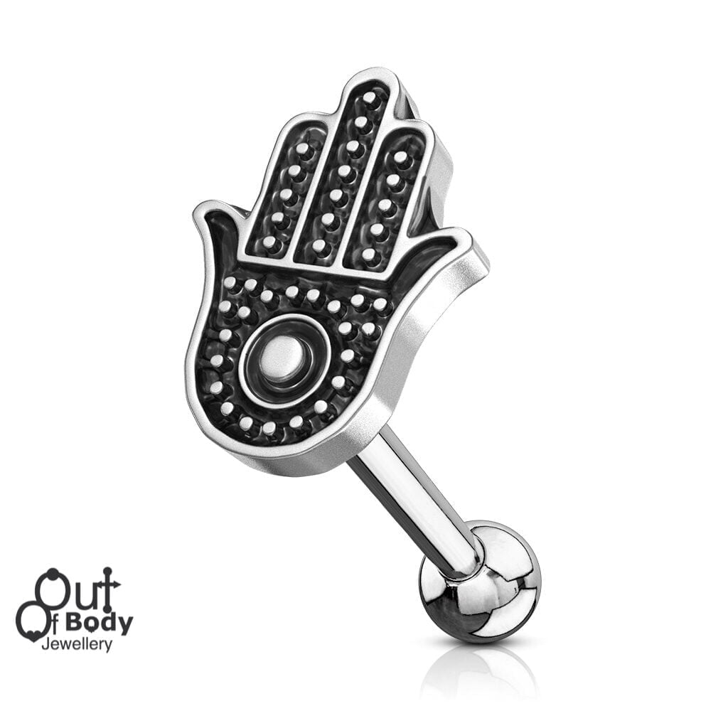 Cartilage/ Helix Hamsa Barbell w/ Antique Silver Plated Top