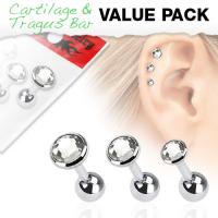 Cartilage/ Tragus Barbell Flat Base Triple Value Pack in Clear