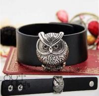 Silvery Wise Owl Black Wristband