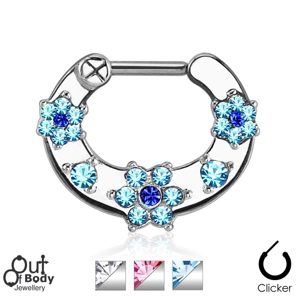 Septum Clicker Hinged 2 Colour Gem Paved Flower Nose Ring