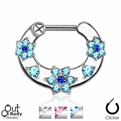 Septum Clicker Hinged 2 Colour Gem Paved Flower Nose Ring