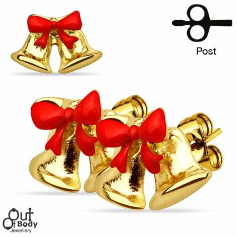 Christmas Ribbon Jingle Bell Gold Plated 316L Stud Earrings